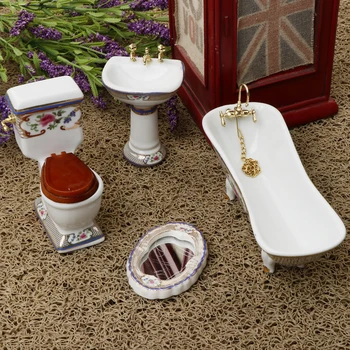 1/12 Păpuși Mini Mobilier Baie Ceramice Set Toaleta Cada Si Chiuveta #3
