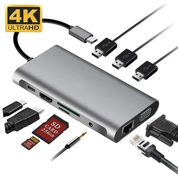 10 În 1 USb de Tip C HUB Splitter Pentru 4K compatibil HDMI VGA, RJ45 PD USB 3.0 3.5 mm Jack SD TF Card Reader Dock Incarcator Pentru MacBook