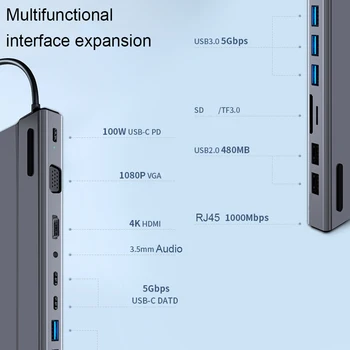 14 In 1 USB Tip-C Hub Notebook USB C Hub HDMI, VGA, RJ45 Multi-funcția de Cititor de Card de 5Gbps de Mare Viteză de Transfer de Date Splitter