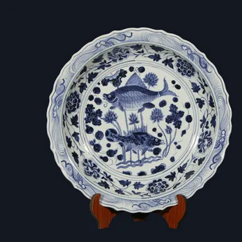 16 inch Lagre de Epocă Clasic Mână Vopsit în Albastru și Alb Pesti de Decor Rotund Placa Ceramica