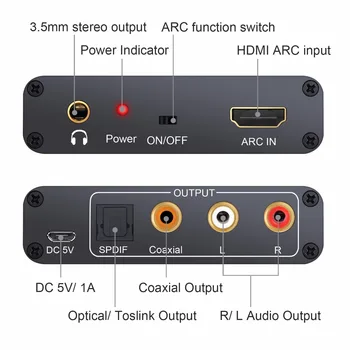 192KHz Aluminiu ARC Adaptor Audio HDMI Audio Extractor Digital la Analogic Audio Converter DAC SPDIF Coaxial RCA-3.5 mm Jack de Ieșire