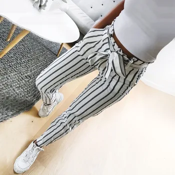 2018 moda toamna femei casual mijlocul talie pantaloni cu dungi alb papion cordon dulce talie elastic buzunare pantaloni casual