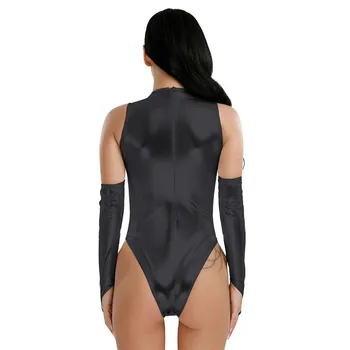 2018 MSemis Sexy Lenjerie pentru Femei-O Bucată de Wetlook Piele PU Body High Cut Mâneci lungi Stand Guler cu Fermoar Tricou Body