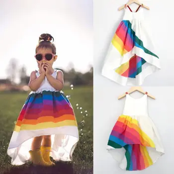 2018 Vara de Brand Nou Rochie de Printesa Copil Baby Girls Party Concurs Drăguț fără Mâneci fara Spate Curea Rainbow Beach Rochii Tutu 1-6M