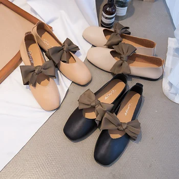 2019 Femei Primavara Apartamente Deget de la picior Pătrat Balerini Mare Papion Alunecare pe Pantofi Plat pentru Femei Pantofi Casual Pantofi Mary Janes C7141