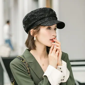 2019 Moda Primavara-Vara Doamnelor Pălării Pentru Femei Dantelă Paiete Bereta Europa și America Retro Flat Top Casual Sălbatice Capac Octogonal