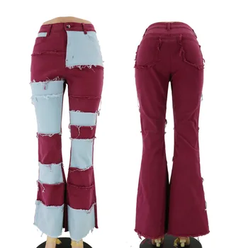 2020 Bloc De Culoare Talie Mare Flare Jeans Cu Buzunare Streetwear-Sexy Femei Pantaloni Pantaloni Evazati Pantaloni Denim Skinny