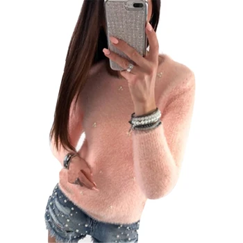 2020 cel mai mic pret de Pluș Pulover Pulover Cald trage femme Toamna Iarna Pulover Femei de Moda Perla Faux ștrasuri din Mărgele Pulovere