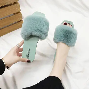 2020 Femei Blană Papuci de casă tv cu Non-alunecare de Solid Moda de Iarnă Caldă Pantofi Femei Cap Pătrat Aluneca pe Apartamente Fierbinte Doamnelor Pantofi de Pluș