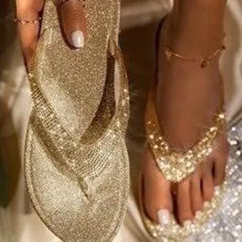 2020 Femei Sandalias Diapozitive Bling Stras Doamnelor Pantofi Casual De Vara Plat Feminin Cristal Sclipici Femeii Plus Dimensiunea 43