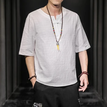 2020 Nou de Vară pentru Bărbați Lenjerie de pat din Bumbac tricou Masculin Chinez Stil maneca scurta tricou de Culoare Solidă Lenjerie de pat tricou Topuri Plus Dimensiune M-5XL