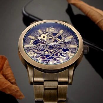 2020 Nou Gol sculptat Barbati Retro Bronz Ceasuri Automate Schelet de Brand de Lux relogio din Oțel Inoxidabil Ceas de mână Mecanice