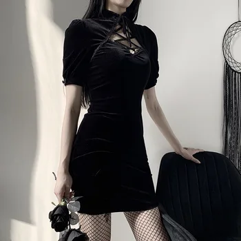 2020 Noul Negru gotic lolita Cheongsam Rochii Femei Harajuku Primavara-Vara cu maneci scurte Tubulare Rochie slab rochie mini