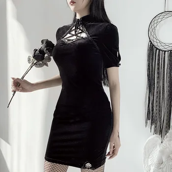2020 Noul Negru gotic lolita Cheongsam Rochii Femei Harajuku Primavara-Vara cu maneci scurte Tubulare Rochie slab rochie mini