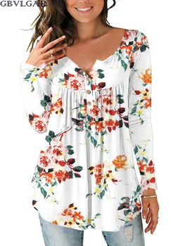 2020 Toamna Iarna cu Maneca Lunga imprimeu Floral O Gât T Shirt și Topuri cu Buton de Femei Vrac Tricou Tunica de Dimensiuni Mari Lady Îmbrăcăminte