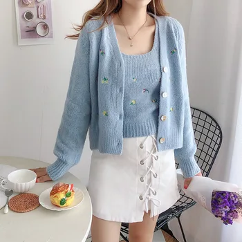 2020 Toamna Urban Casual Stil coreean hainelor pentru Femei V-neck Slim-Fit Flori Brodate două bucăți Tricotate Pulover Cardigan