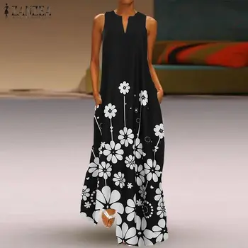 2021 ZANZEA Moda de Vara Femei Rochie fără Mâneci Florale Imprimate Sundress Casual V Gât Boem Petrecere Maxi Vestido Halat de sex Feminin