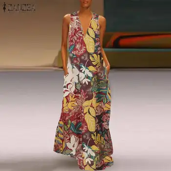 2021 ZANZEA Moda de Vara Femei Rochie fără Mâneci Florale Imprimate Sundress Casual V Gât Boem Petrecere Maxi Vestido Halat de sex Feminin