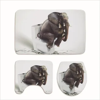3 BUC Toaletă Podea Mat Set Non-Alunecare de Flanel Covor Baie cu elefant 3D de imprimare Capacul de Toaletă și Covoare set