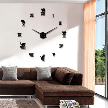 3D de Mari dimensiuni Ceas de Perete DIY Mare și Modernă, Fara rama Decor Acasă Pisica de Mare Ceas cu Oglinda Pentru Dormitor, Camera de zi Pisoi Kitty Decor de Perete