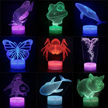 3D LED Lumini de Noapte Spider Pește Porc Balena Broasca 7 Schimbare de Culoare Holograma Atmosfera Noutate Lampa pentru Decor Acasă Iluzie Cadou