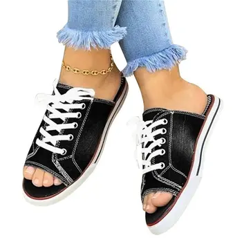 4 Culoare Denim Papuci de Moda pentru Femei Pantofi Open Toe Dantela-Up Papuci de casă Platforma Tocuri Joase Blana Diapozitive Doamnelor Pantofi de sex Feminin, Denim