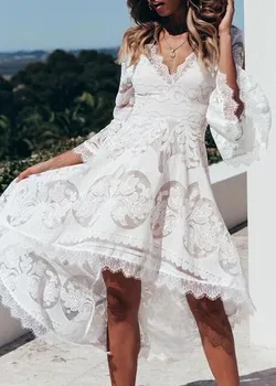 40# rochii pentru femei 2020 sexy V-neck lace cusaturi maneci evazate coadă de rândunică rochie de dantelă de epocă rochie albă женское платье