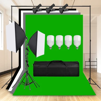 50x70CM Fotografie Softbox Kit de Iluminat 4buc 25W LED Iluminat Continuu 1.6x3m Non-țesute Negru Gri pe Fundal Ecran Verde