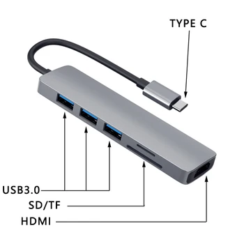 6in1 4K Tip C pentru HDMI, USB3.0 Micro-SD TF Card PD Hub Adaptor de Expansiune Doc