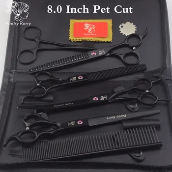 8 inch Poezie Kerry Profesionale pet grooming kit, direct și subțierea câine foarfece curbe și bucăți 4 bucăți. Pet negru, tăiat