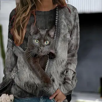 80% New Sosire！！! Femei de moda O Gatului Maneca Lunga cu Fermoar Pisici Imprimare Vrac Bluza tricou Top
