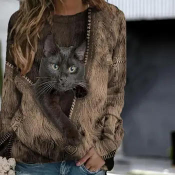 80% New Sosire！！! Femei de moda O Gatului Maneca Lunga cu Fermoar Pisici Imprimare Vrac Bluza tricou Top