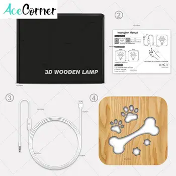 Acecorner Creative 3D din Lemn, Lumina de Noapte Oase de Câine Laba USB cu LED-uri de Animale Lampa de Noutate Copil Decor Dormitor Lampara Masa Copii Cadou