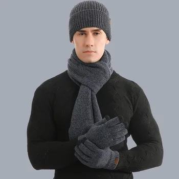 Acrilic negru Gri Bărbați de Iarnă Pălărie și Eșarfă Mănuși set tricotat Gros Cald Gât Eșarfe Pălării Pentru bărbați
