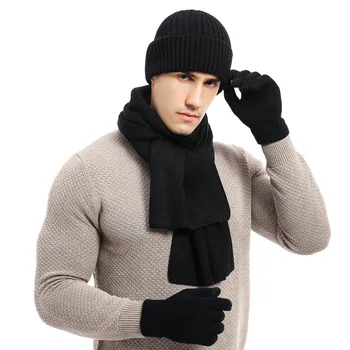 Acrilic negru Gri Bărbați de Iarnă Pălărie și Eșarfă Mănuși set tricotat Gros Cald Gât Eșarfe Pălării Pentru bărbați