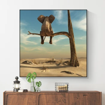 Amuzant Mic Elefant pe Copac Moderne Panza Pictura Arta de Perete Imagini de Animale Nordice Postere si Printuri pentru Camera pentru Copii Decor Acasă