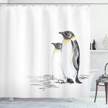 Animale Marine Perdea De Duș Mână-Trase De Artă Pinguini Acvatice, Păsări Nezburătoare Polar De La Polul Sud Faunei Sălbatice Decor Baie Set