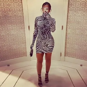 ANJAMANOR Zebra Print Bandaj Mini Rochii pentru Femei Clubwear Moda Sexy Maneca Lunga Bodycon Rochie Mini cu Mănuși D70-BG21