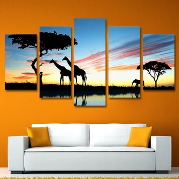 Arta de Perete moderne Canvas Imprimat Pictura Imagini de Cadru 5 Piese Africane Animal Girafa, Elefant Apus de soare Peisaj Poster PENGDA