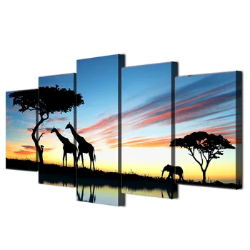 Arta de Perete moderne Canvas Imprimat Pictura Imagini de Cadru 5 Piese Africane Animal Girafa, Elefant Apus de soare Peisaj Poster PENGDA
