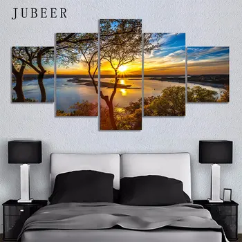 Arta de Perete moderne Poze Decor Acasă Postere 5 Panoul de Palmieri, Mare, Apus de soare Peisaj Cadru Living HD Tipărite Pictura