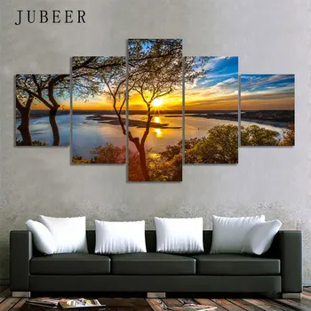 Arta de Perete moderne Poze Decor Acasă Postere 5 Panoul de Palmieri, Mare, Apus de soare Peisaj Cadru Living HD Tipărite Pictura