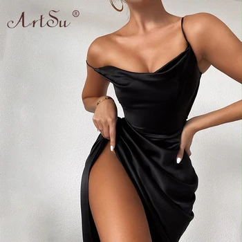 ArtSu Visiniu Alb Negru Sexy Slim Solid Satin Fără Mâneci Maxi Rochie Cu Partea Split Femei Petrecere De Club Rochii De Moda Vestidos