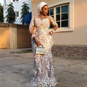 Aso Ebi Nigerian Mermaid Rochie de Seara Formale cu Maneci Lungi din Dantela Appliqued Elegant Prom Rochii Plus Dimensiune 2019 Halat de petrecere