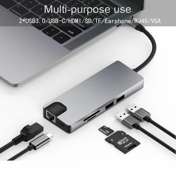 Basix USB-C HUB Tip C HUB pentru USB3.0 Thunderbolt 3 compatibil HDMI 3.5 mm RJ45 Adaptor pentru MacBook Pro Samsung GalaxyS9 C USB HUB