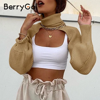 BerryGo Sexy guler inalt pentru femei pulover tricotat nu placket Felinar Alb cu Mânecă Pulover Club de noapte stil pulover Toamna anului 2020