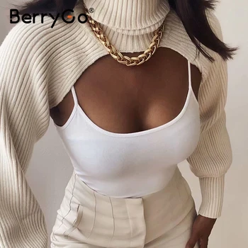 BerryGo Sexy guler inalt pentru femei pulover tricotat nu placket Felinar Alb cu Mânecă Pulover Club de noapte stil pulover Toamna anului 2020