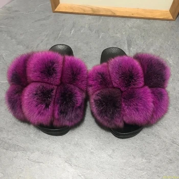Blană de vulpe Minge de Lână Femei Papuci de casa de Culoare Bloc Plat Sandale Drăguț Cuplu/Părinte-copil pantofi Casual Exterior Purta Flip-Flops