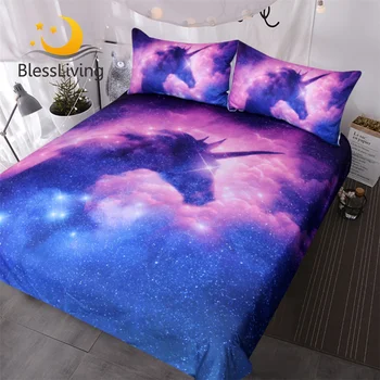 BlessLiving Galaxy Unicorn Set Lenjerie De Pat Copii Fete Spațiu Psihedelice Carpetă Acopere 3 Piese Roz Violet Stralucitoare Unicorn Cuvertură De Pat