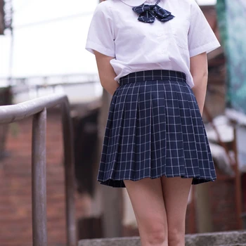 Bleumarin/Gri clasic Grila fuste plisate Japoneze Fete școală student talie mare carouri fusta plisata Cosplay uniformă școlară